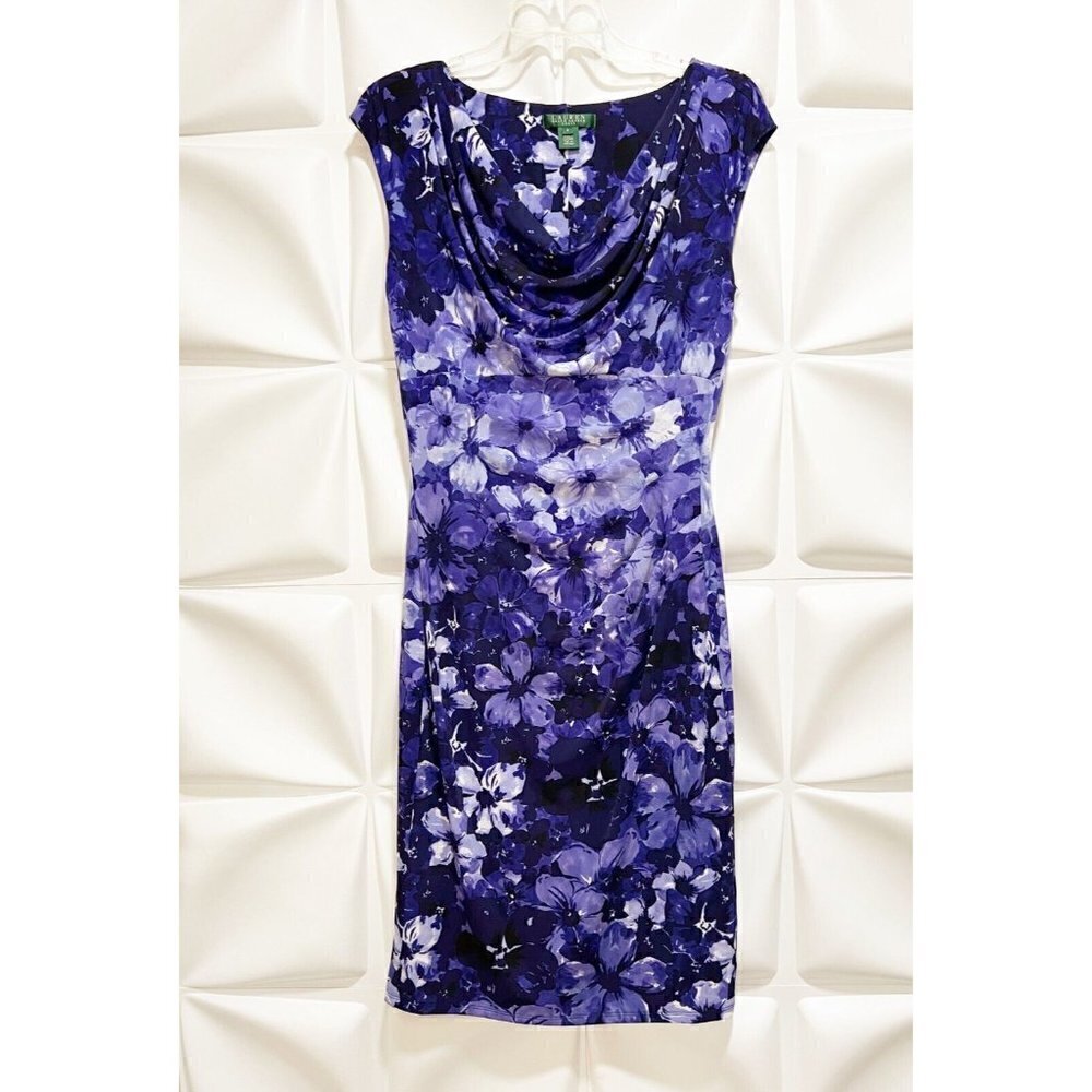 Ralph Lauren Sz 8 Purple Blue Watercolor Floral Print Slinky m Pencil Dress